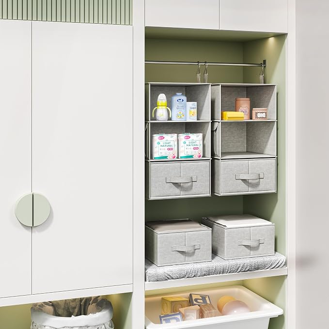 Vailando 3-Shelf Hanging Closet Organizer, Set of 2 Hanging Shelves with 2 Drawers for Wardrobe, Nursery, Baby Clothes Storage and Organization, Silver Gray