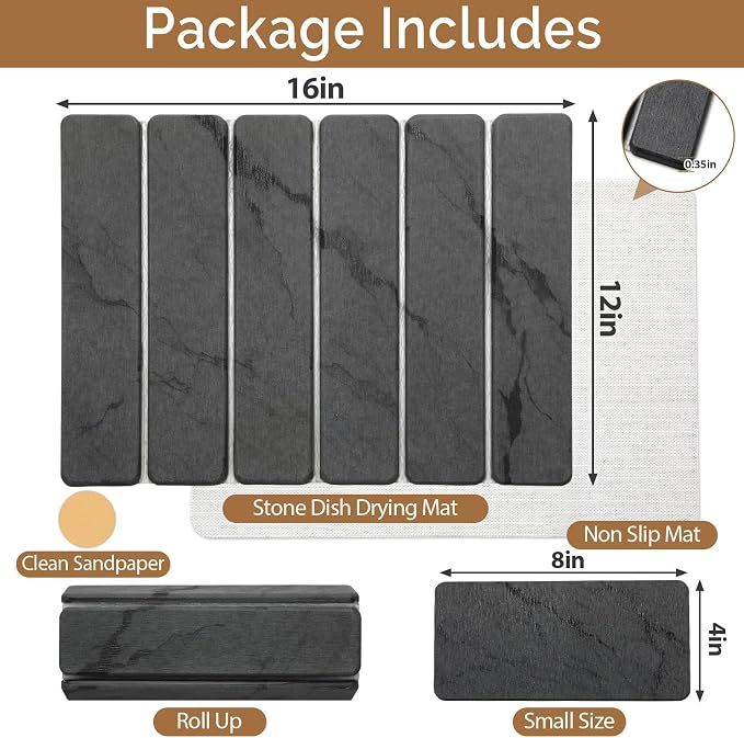 Small Stone Dish Drying Mat for Kitchen Counter, 2 PCS 16"×12" & 8"x4" Quick Dry Stone Mats, Foldable Water Absorbing Diatomaceous Earth Drying Dish Pad for Countertop Bottles Utensils Cups(Dark Gray)