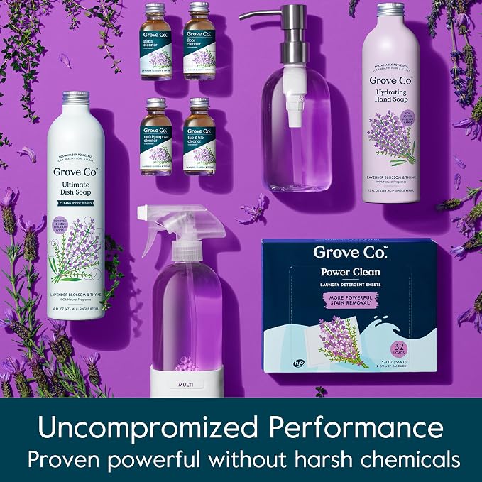 Grove Co. Dish Soap, 3 x 16 fl oz Refills, Lavender Blossom & Thyme | Plastic-Free; Refill format; Natural Fragrance; Removes Stuck on Food; 98% plant-based ingredients
