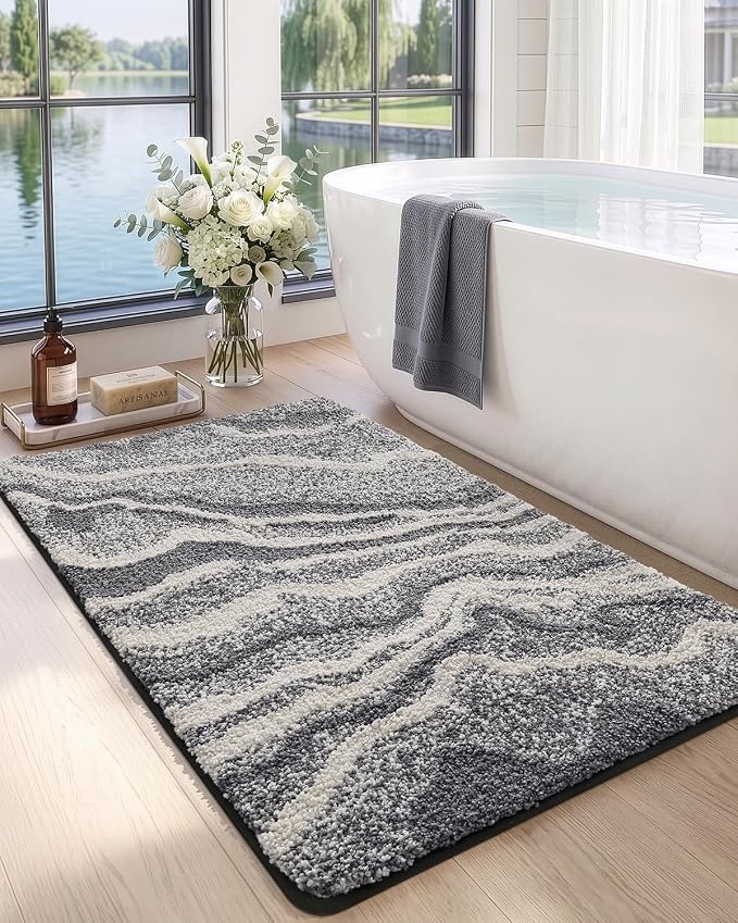 DEXI Bathroom Rug Mat 43x24, Soft and Absorbent Marble Bath Mat, Non Slip Machine Washable Bath Rugs for Shower Floor, Tub, Sink, Dark Grey