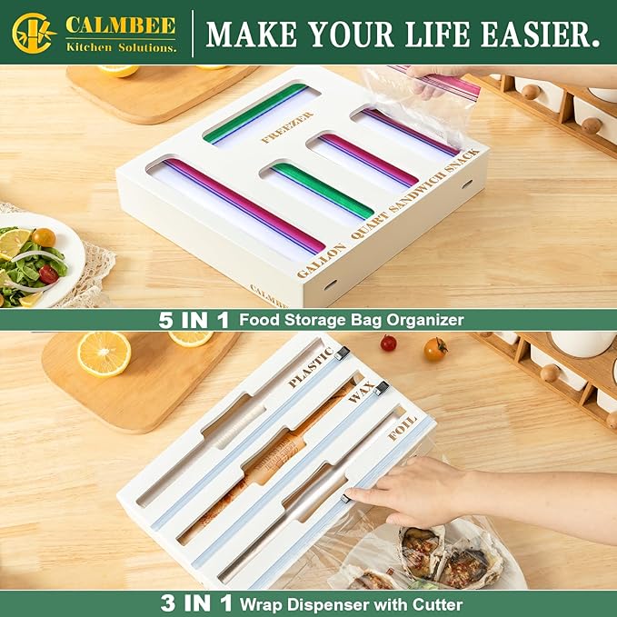 Calmbee 9 in 1 Bamboo Storage Bag Organizer for Kitchen Drawer – Plastic Wrap Dispenser with Cutter & Foil Organizer, Wooden Baggie Organizer for Sandwich, Snack, Gallon, Quart Sizes, White