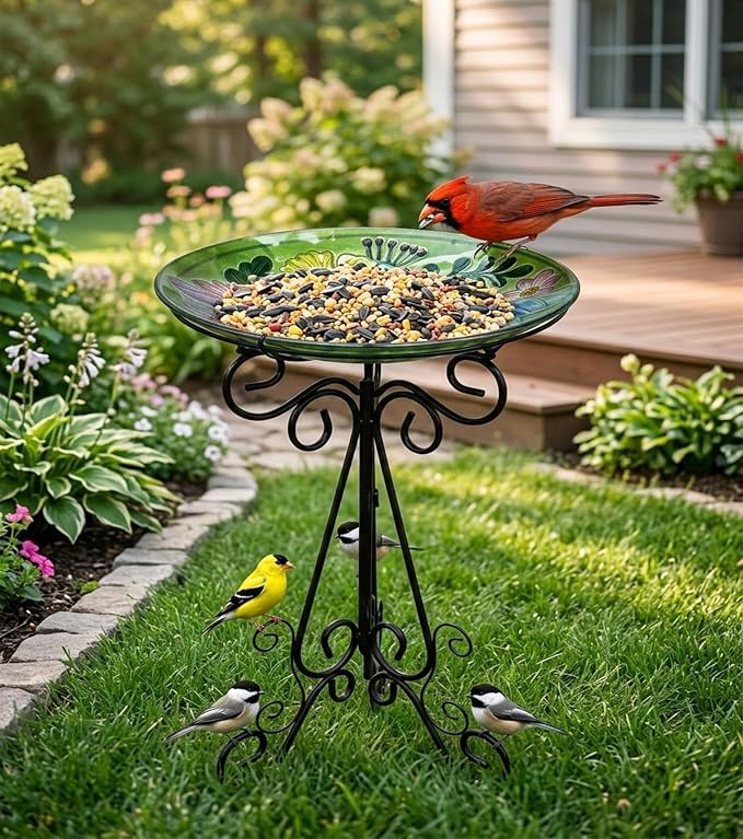 Large Glass Bird Bath with Metal Stand, Dragonfly | 18" Wide Bowl, 3.2" Bathing Depth, Thick Glass Construction, Stable 3-Leg Base, Easy Clean Surface, Garden Decor