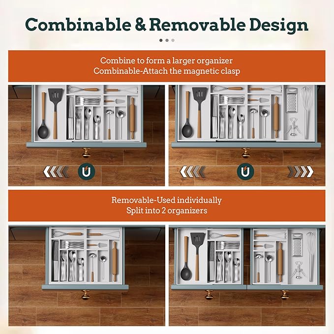 Silverware Organizer Large, Magnetic Connected Expandable 13 Slots Silverware Drawer Organizer from 21 to 37.4 Inches, Adjustable Flatware and Cutlery Holder, Bamboo Utensil Tray for Kitchen White
