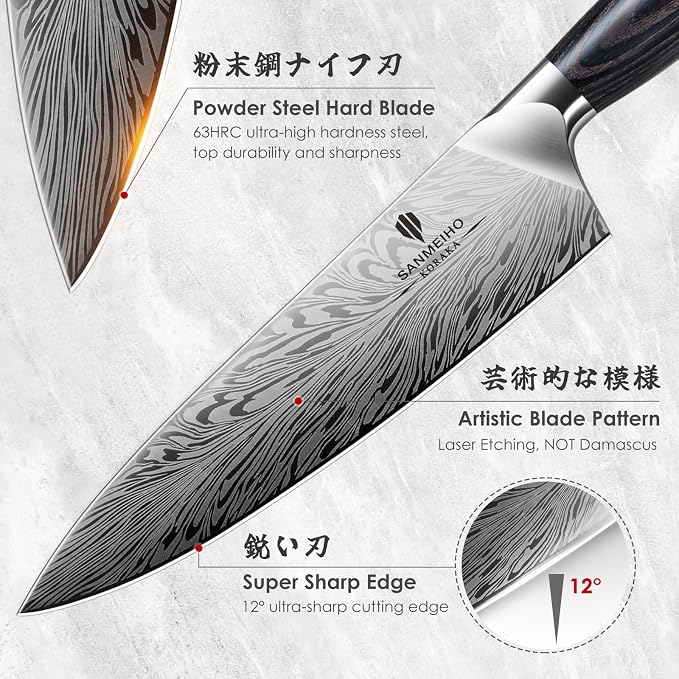 3PCS Kitchen Knife Set,Chef Knife Sets in Powder Steel | Ultra Sharp Japanese Knives Set High Carbon Steel Knives Sets, Cooking Knives Set with Ergonomic Pakkawood Handle