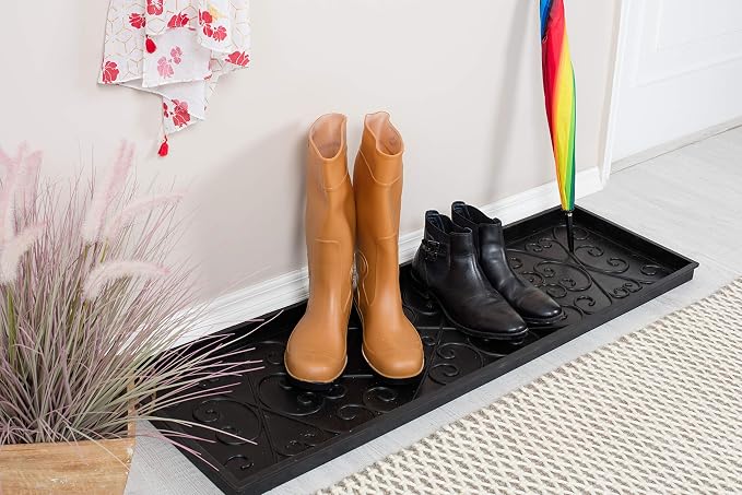 Anji Mountain Heavy Duty Waterproof Rubber Shoe Storage Mat Organizer/Boot Storage Tray Multi Use For Entryway with Coir, Tan Insert , Fits 4 Pair (46.5" Wide)