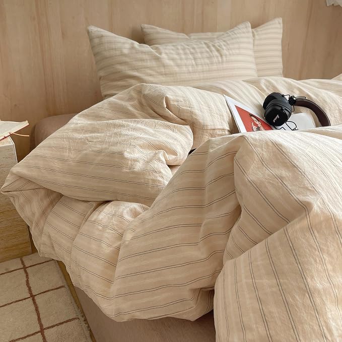 mixinni Retro Striped Duvet Cover Set Twin XL Size - 100% Washed Cotton Beige Duvet Cover with Black White Stripes, Soft Breathable 3 Piece Comforter Cover with Zipper Closure & Corner Ties