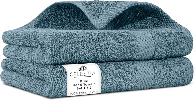 Villa Celestia Cotton Hand Towels Set of 2, 16 x 28, Oeko-TEX Certified, Quick Dry, Blue