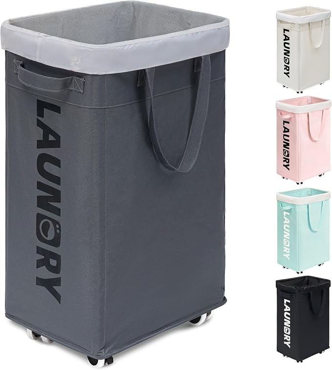 Goodpick Laundry Basket with Wheels, Laundry Hamper with Removable Wash Bag, Clothes Hamper, Rolling Laundry Basket, Dorm Room Essentials, 75L, Grey