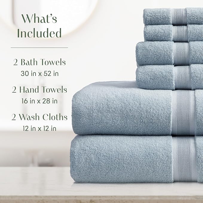Springtree Home Luxury Bamboo Rayon Bath Towel Set | 6-Piece Set | Blue Fog | 35% Bamboo Rayon - 65% Zero Twist Cotton | Absorbent Quick-Dry Towels for Bathroom | Ultra Soft | OEKO-TEX Standard 100
