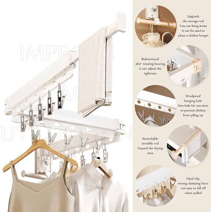 Wall Mounted Collapsible Clothes Drying Rack, Durable Space-Saving Laundry Drying Rack Clothing Hanger, Upgraded with Clips and Windproof Holes