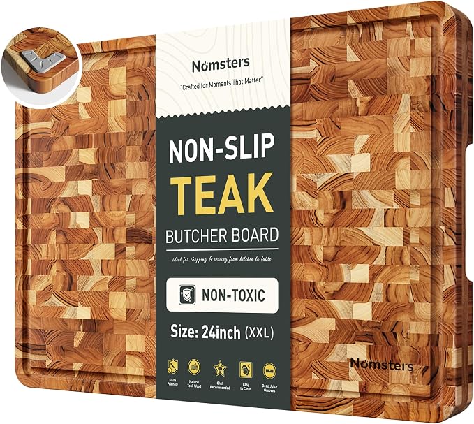 Teak Wood Extra Large End Grain Cutting Board for Kitchen with Non-slip Feet, Heavy Duty Checkered Cutting Board with Juice Groove & Handle Handcrafted Luxury Chopping Board for Meat, Vegetables