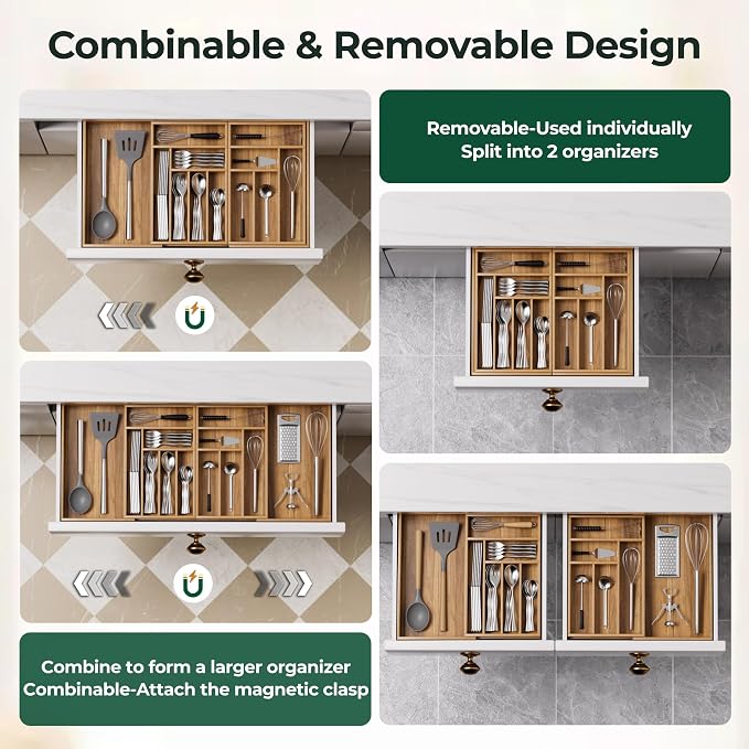 Large Silverware Organizer, 13 Slots Magnetic Connected Expandable Acacia Wood Utensil Drawer Organizer From 21 to 37.4 Inches, Adjustable Flatware and Cutlery Holder, Utensil Tray for Kitchen Natural