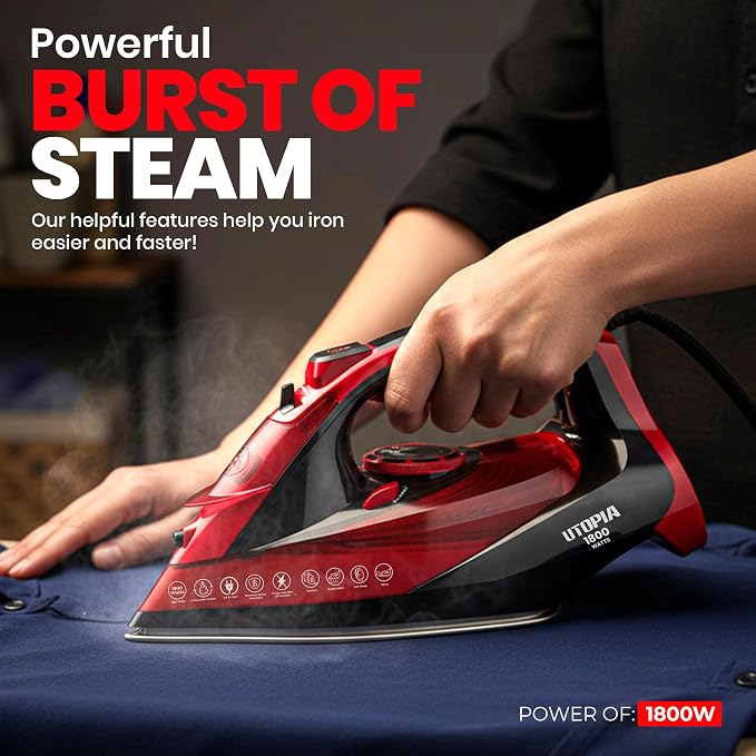 Utopia Home Steam Clothes Iron - 1800W (Black Red) Non-Stick Soleplate | Nonstick Soleplate With Auto-Off Safety Feature - Adjustable Thermostat Control, Variable Steam Control, Self-Clean, 8ft Cord