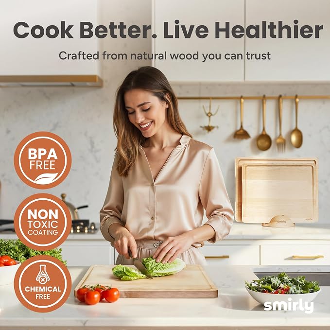 SMIRLY Cutting Boards for Kitchen, 3 Piece Birch Cutting Board with Stand | Non Toxic Wooden Cutting Board with Juice Grooves and Handles, Multiple Sizes Chopping Boards for Meat Vegetable Charcuterie