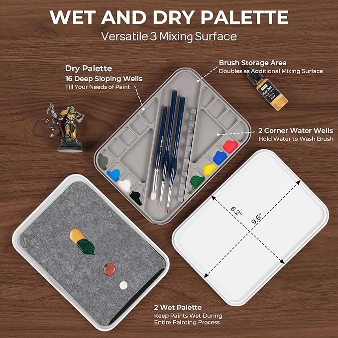 Nicpro Professional Miniature Painting Kit, with Wet Palette, Miniature Painting Handle, 16PCS Detail Paint Brushes Drybrush with Nylon Bag, Pallet Paper, Sponge, Brush Holder Mixing Paint Palette