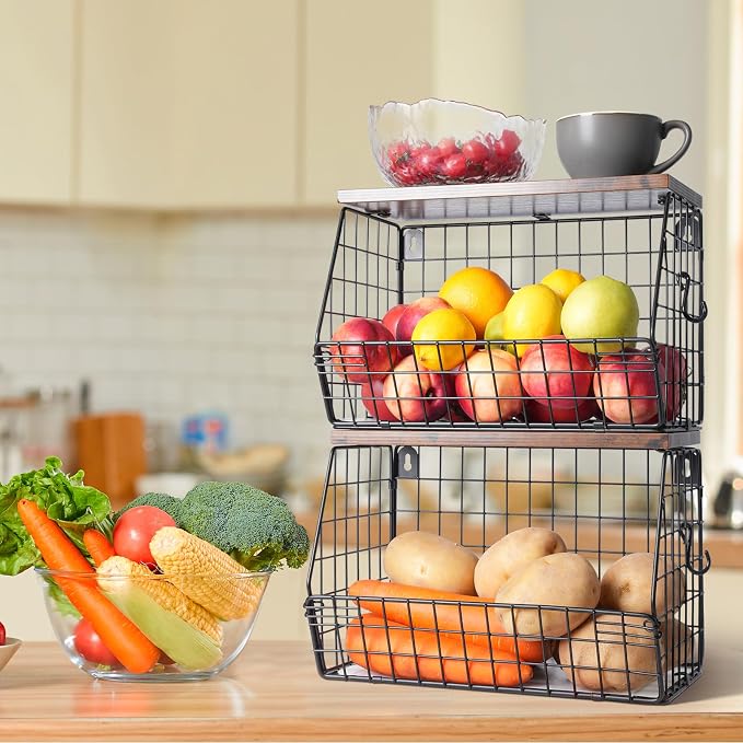 Mefirt 2pcs Fruit Basket Kitchen Storage Basket with Wood Lid, Stackable Wall Basket Fruit Basket for Kitchen, Countertop Organizer for Snack, Fruit and Veggie Storage, 11.8 x 7.9 x 8.5 Inch