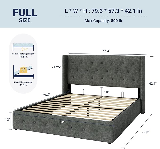 Allewie Full Size Lift Up Storage Button-Tufted Bed Frame Dark Grey | Modern Wingback Headboard, Hydraulic Support Storage, No Box Spring Needed
