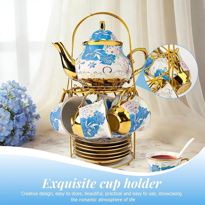 ALIMOTA 20 Pcs Porcelain Tea Set with Metal Holder and Spoon, European Ceramic Tea Set for Adults, European Flower Painting Teapot Cup Saucer Spoon Set for 6, Gift Pack (Blue and Pink)