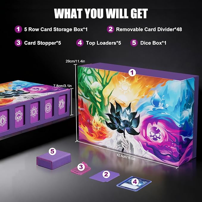 Kabinka 5 Row MTG Card Storage Box with Commander Display and Art Printing | 3900+ Trading Card Deck Box for MTG Sport Cards, 5 Top Loaders, 5 Stoppers, 48 Dividers,1 Dice Tray (Art)