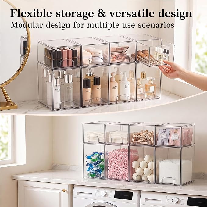 Clear Stackable Storage Drawers: Baby Bottle Storage Organizer, Acrylic Bottles Station Organizer Container for Countertop, Vanity, Bathroom, Cabinet Organization - 8 Pack