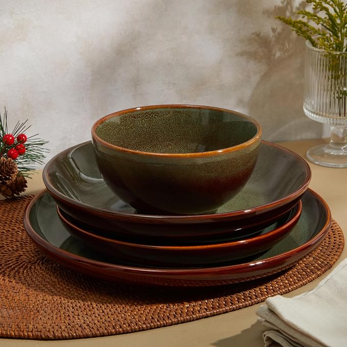 Pokini 16 Piece Double Bowl Dinnerware Sets with Pasta Bowls, Highly Chip and Crack Resistant Plates and Bowls Sets, Natural Earthyware Ceramic Dishware Sets, Service for 4 Sage Green