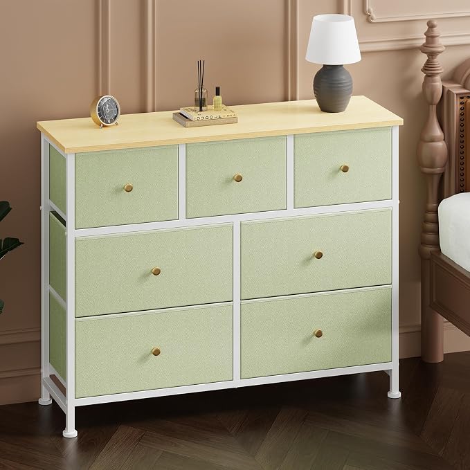 Sweetcrispy 7 Drawer Dresser with Fabric Bins, Fabric Storage Tower Organizer for Bedroom, Closet, Hallway, Entryway, Tall Chest of Drawers with Steel Frame, Wood Top, Large Storage,Light Green