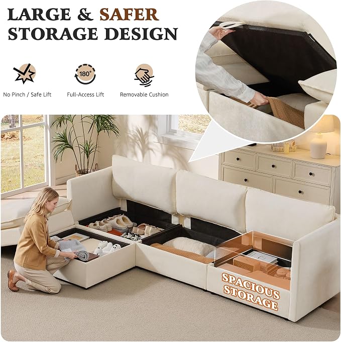 Ihanherry 103" Modular Sectional Sofa with Storage, L Shaped Cloud Couch with Movable Ottomans & 4 Pillows, Chenille Deep Seat Sectional Couches for Living Room, Apartment (Beige)