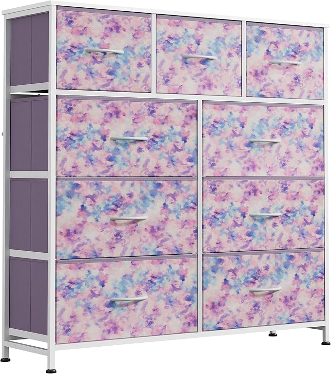 WLIVE 9 Drawer Dresser, Fabric Storage Tower for Bedroom, Hallway, Closet, Tall Chest Organizer Unit for Bedroom with Fabric Bins, Steel Frame, Wood Top, Tie-dye Print (Pink, Purple, Blue)