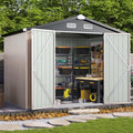 Aoxun 8'x6' Outdoor Storage Shed with Base, Brown | Metal Shed with Lockable Doors & Slooping Roof Garden Tool Shed for Backyard, Patio, Poolside