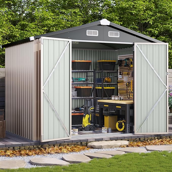 Aoxun 8'x6' Outdoor Storage Shed with Base, Brown | Metal Shed with Lockable Doors & Slooping Roof Garden Tool Shed for Backyard, Patio, Poolside