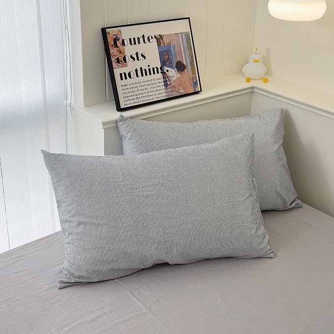 mixinni Grey Striped Duvet Cover Queen Size - 100% Washed Cotton Pinstripe Comforter Cover with Zipper Closure, Lightweight & Breathable, 3 Pieces Minimalist Stripes Pattern Printed Bedding Set