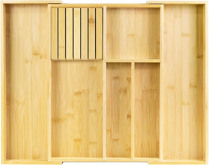 VaeFae Bamboo Silverware Drawer Organizer Kitchen, Expandable Utensil Organizer with Knife Block, Cutlery Tray with Divider, Multifunctional Drawer Organizer