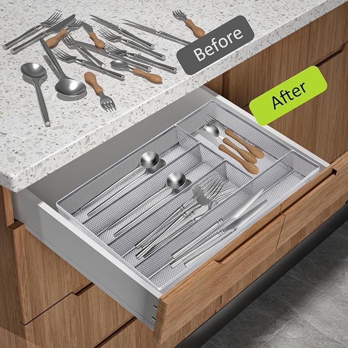 Neudeco Silverware Drawer Organizer, Silver, 5 Compartment | Mesh Wire, Non-Slip Feet, Cutlery Tray, Flatware Storage Divider