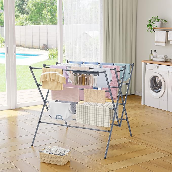Drying Rack Clothing,35.43in Long Drying Poles Large Clothes Drying Rack | Foldable Portable Laundry Drying Rack with Sock Clips for Air Drying Clothing,Towels,Delicate Eac,Indoor Outdoor Use.Silver