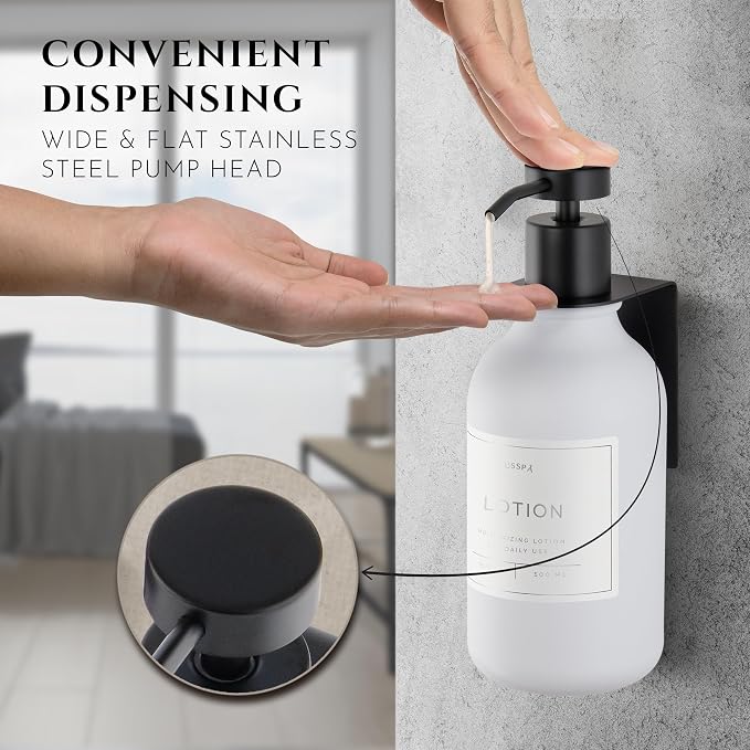 Shower Shampoo Dispenser Wall Mounted – 3 Refillable 16.9 oz White Bottles with Stainless Steel Pumps & No-Drill Adhesive Holders – Soap Dispenser Set for Bathroom (3 X White/Black)