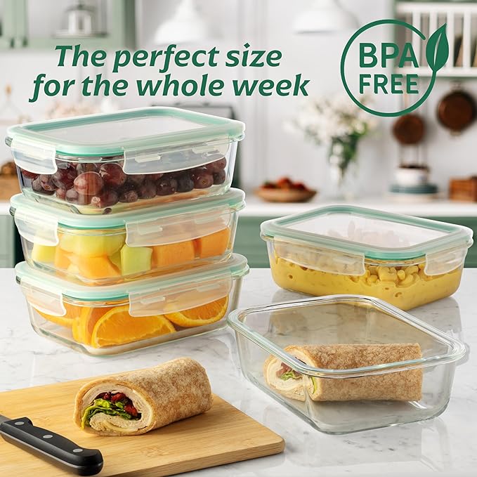8 Pack 35 oz Glass Containers - Airtight, Microwave, Oven | Borosilicate, 1040 ml Capacity, Snap Lock Lids, Leakproof, Oven Safe 752 F, Freezer Safe, Microwave Safe, Dishwasher Safe