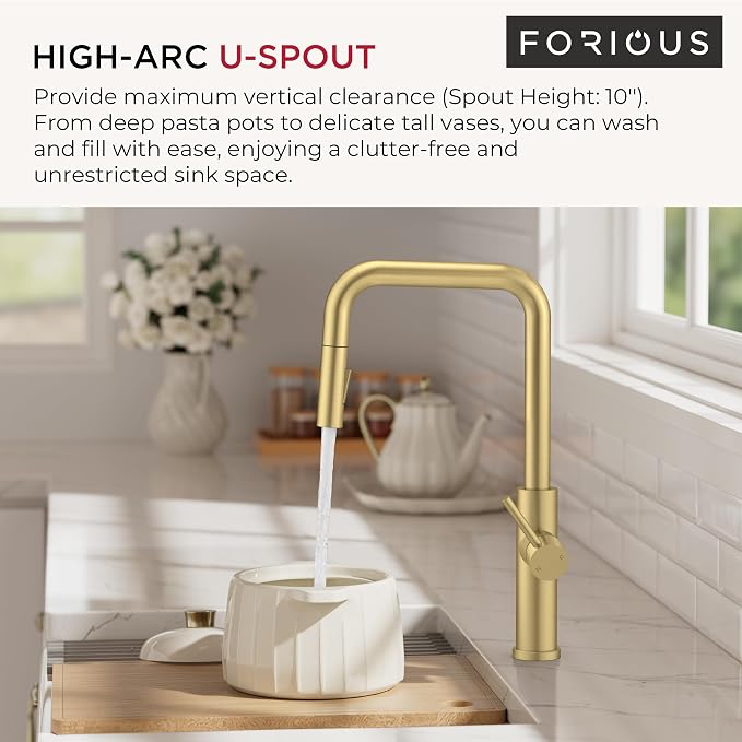 FORIOUS Kitchen Faucet with Pull Down Sprayer, Brushed Gold Single Handle U-Spout Stainless Steel Kitchen Sink Faucet, 1 or 3 Hole Deck Mount for RV, Bar, Farmhouse, Laundry, Outdoor