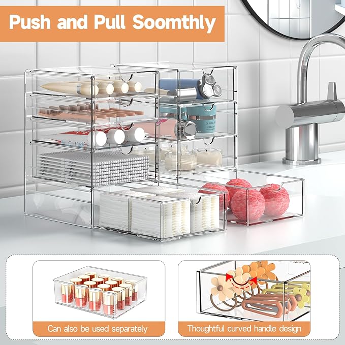 Makeup Drawer Storage Organizer with 16 Drawers, 4 Set Acrylic Office Desk Organization and Storage, Dustproof Drawer Organizer for Makeup, Office, Countertop, Jewelry, Pen, Desktop, Bathroom, Bedroom