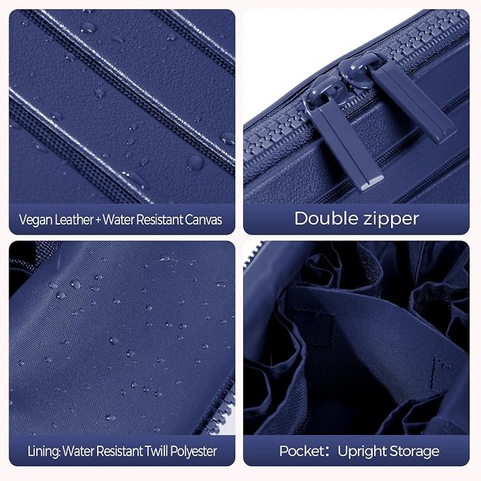 Travel Makeup Organizer Bag with Fold-Down Design and Adjustable Dividers, 27 Pockets & 3 Brush Storage Holders, Large Capacity Cosmetic Bags Toiletry Case - Navy Blue