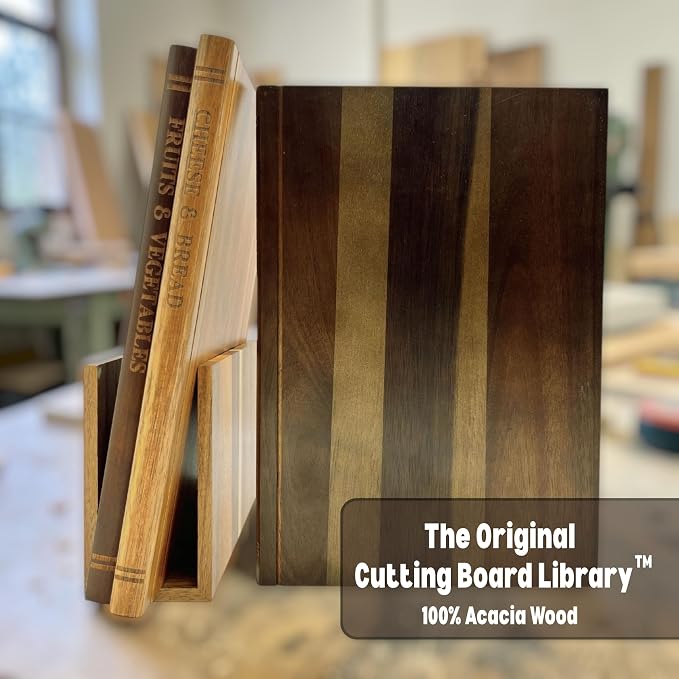 The Cutting Board Library™ (Original Design) | Decorative Kitchen Board Collection Bundle with Display Stand | Premium Acacia Wood | Stabilized Non-Slip Base