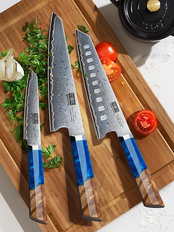 HOSHANHO Damascus 3PCS Knife Set, 67-Layer Damascus Steel Kitchen Knife Set | Ultra Sharp Japanese Chef Knives Set with Ergonomic Blue Resin Stabilized Handle & Wood Gift Box