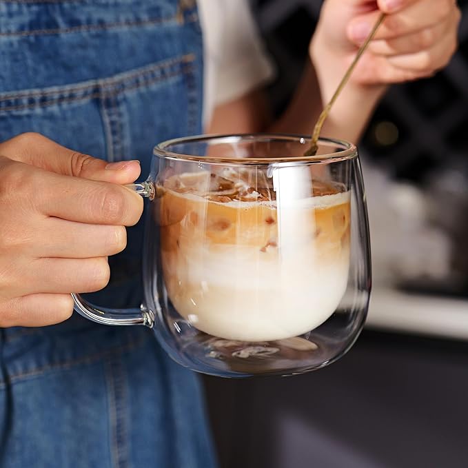 CNGLASS 12oz Double Walled Glass Coffee Mugs(2-pack),Clear Coffee Cups with Handle,Glass Espresso Mugs for Latte,Cappuccino,Tea