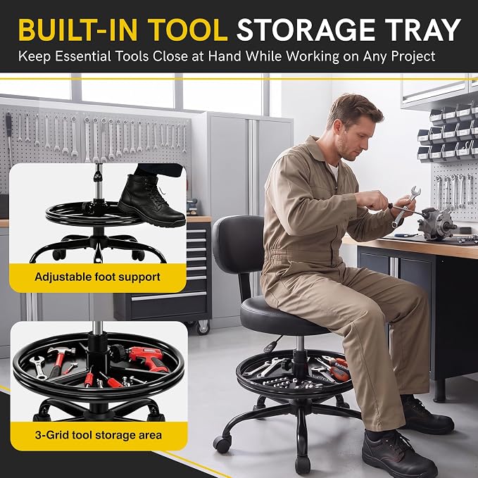 BestGlory Rolling Shop Stool with Wheels, Adjustable Height Heavy Duty Garage Stool with Storage Tray and Footrest, Garage Mechanic Stool Chair with Backrest for Workshop Kitchen Salon