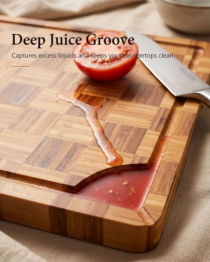 Bamboo Cutting Board 18" x 12", Heavy Duty Checkered End Grain Butcher Block for Kitchen with Deep Juice Grooves and Handles for Meat, Cheese, Charcuterie and Dough