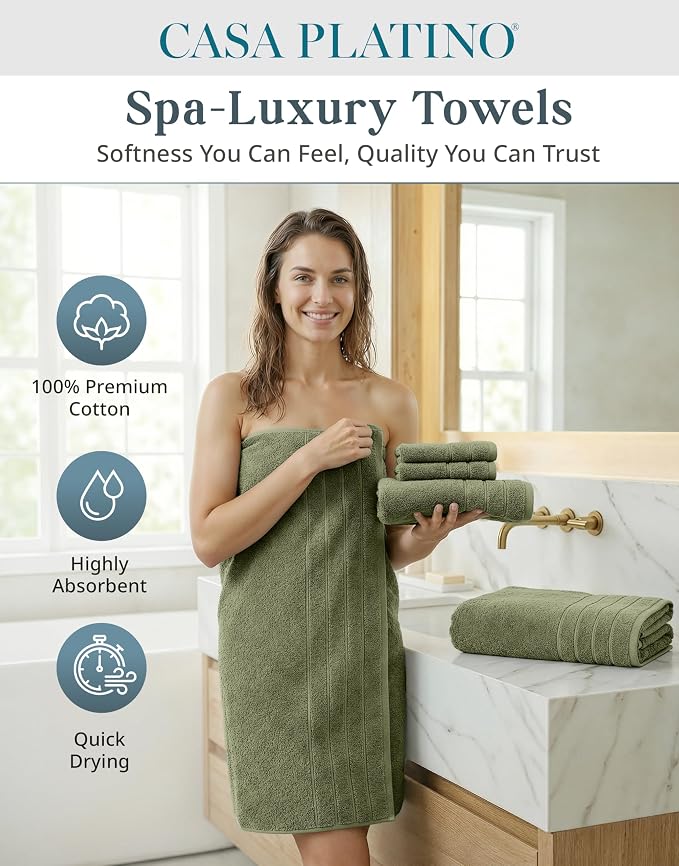 Casa Platino Towel Set for Bathroom 18 Piece Soft Absorbent - Oil Green | Shower Towels - Oversized & Roomy, Lightweight & Breathable, Fade-Resistant Color, Classic Terry Weave, Densely Woven