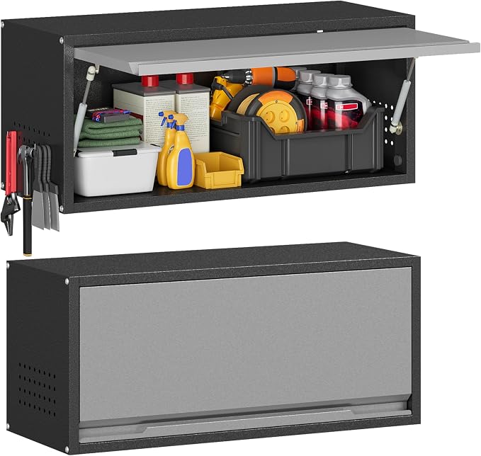 Metal Garage Wall Cabinet with Up-Flip Door,Wall-Mounted Steel Storage Cabinet, Float Tool Cabinet with Pegboard,Upper Cabinet for Kitchen,Garage,Workshop,Warehouse(13.8" H,Black&Gray)