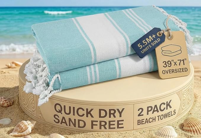 LANE LINEN Beach Towel 2 Pack, Oversized Beach Towel 39"x71", Lightweight Beach Essentials for Women, Large Pool Towel, Absorbent & Quick Dry, Sand Free Beach Towel - Aqua | Lightweight Beach Essentials for Women - Large Pool Towel, Absorbent & Quick D...