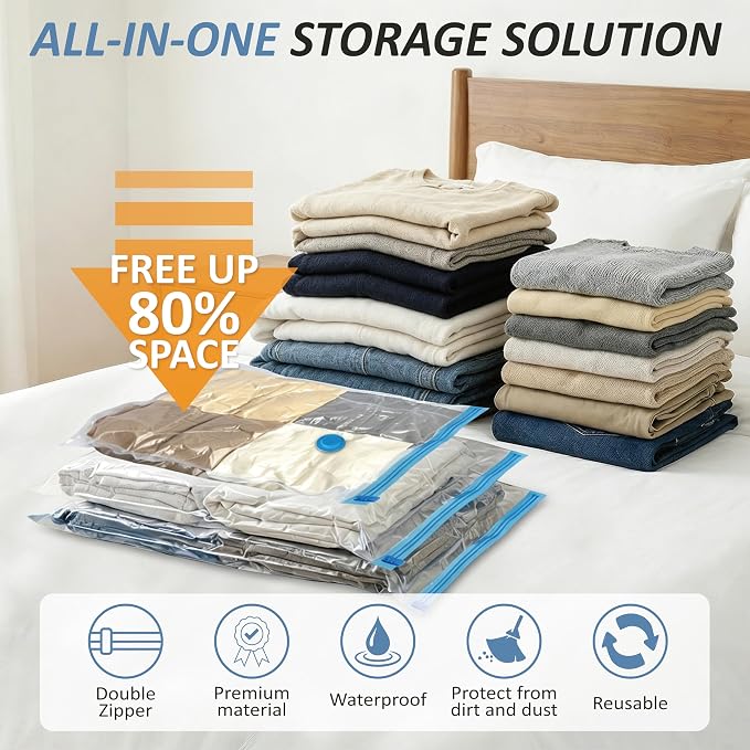 Cozy Essential Vacuum Storage Bags, 80% Compression Vacuum Seal Space Saver Plastic Packaging Bags for Clothes, Blankets, Pillow, Bedding, Comforters, Sealer Clothing Storage,12 Small