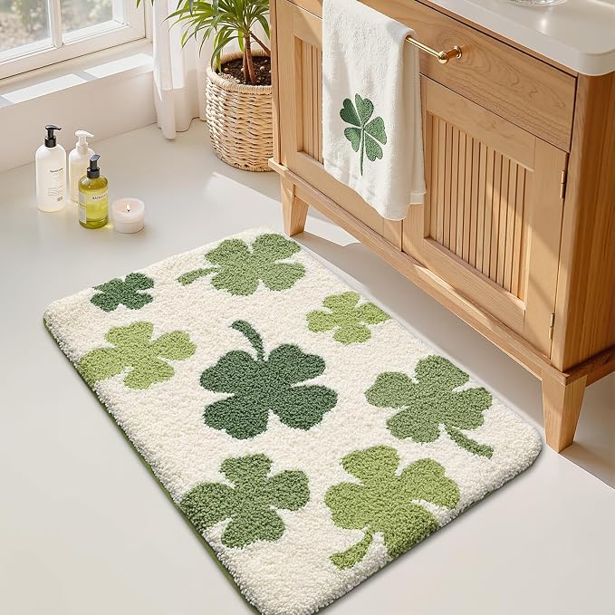 LUMI Bath mats for Bathroom, 16"x24" Non Slip Absorbent Soft Bath Mat, Washable Low Profile Bathroom Rug, Ideal for Shower, Tub, Clover