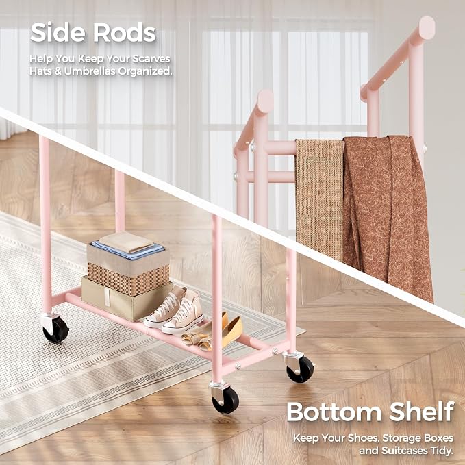 HYSEYY Clothes Rack, Double Rods Rolling Clothing Rack for Hanging Clothes, Portable Garment Rack with Wheels, Coat Rack Wardrobe Closet Load 240 LBS for Bedroom Laundry Room (Pink, L)